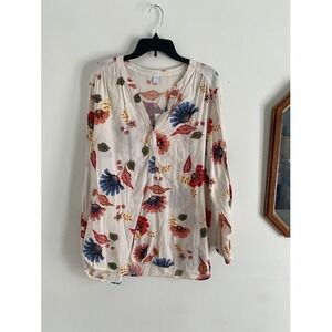 Old Navy Womens XL Floral Peasant Blouse Cream Blue Red Long Sleeve Split Neck